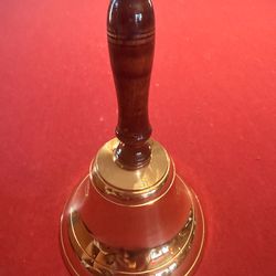 BRASS SCHOOL BELL HARD EOOD HANDLE NEW!