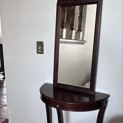 Small entry way table, cherry wood, solid wood table, with mirror