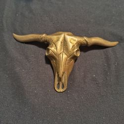Vintage Solid Brass Longhorn Skull Belt Buckle 
