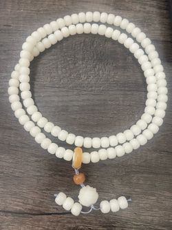 White Jade Bodhi Root 108-Bead Prayer Bracelet (featuring a lotus pendant and sliding spacer beads)