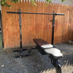 Ethos Heavy Duty Adjustable Bench With A Pair Of Squat Stands And A 6’ Olympic Barbell 
