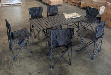 Camping Table with 6 Chairs, Portable Folding Picnic Table Set Aluminum top, carbon steel frame, carry bag; for camping, beach, RV, picnic, patio, bac
