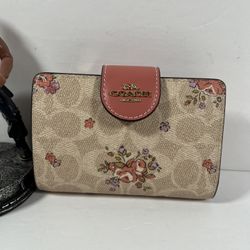 Coach Medium Corner Zip Wallet In Signature Canvas With Floral Print CAO99 Sand