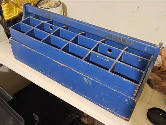 Vintage Heavy Duty Wooden Tool Box 2 Piece 26” Blue Storage Organizer 34 Compartments Carpenter Hardware Craft Box