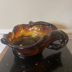 Vintage, Hand Blown Murano Style Glass Ashtray or Bowl with Metal Pin Flower Frogs