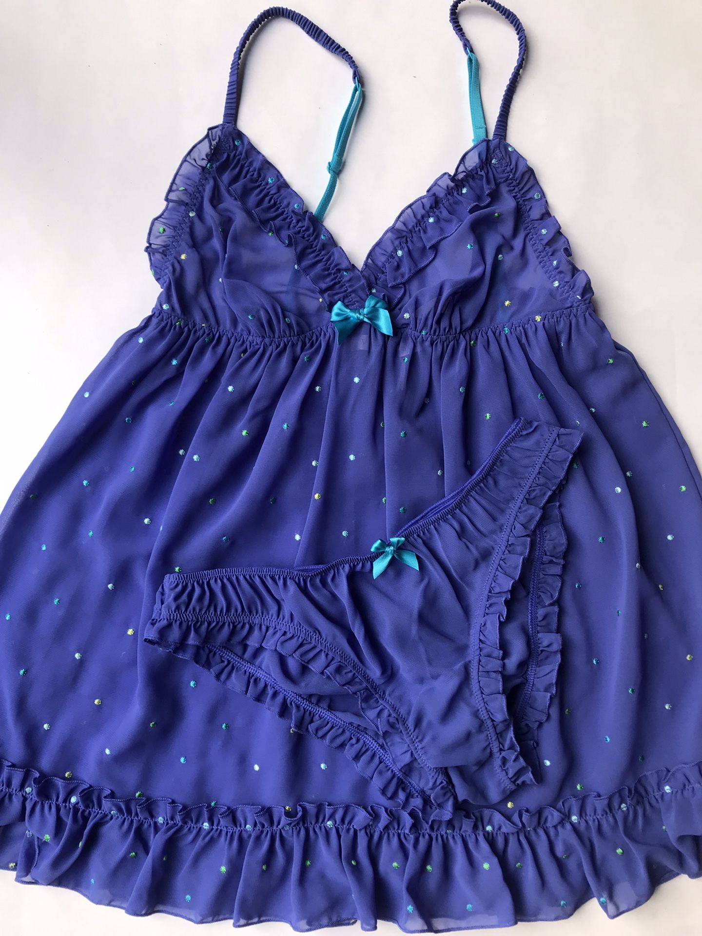 NEW!! Victoria Secret Embroidered Polka Dot Babydoll & Panty - Periwinkle Blue - S/P