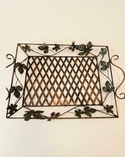 Vintage Large Wrought Iron Grape Leaf Serving Tray Lattice Bottom Bronze