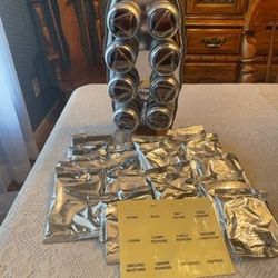 New, Price Firm, Kamenstein Savora Silver Magnetic Tin with Stainless Steel and Wood 16 Spice Packets, Jars & Rack Set