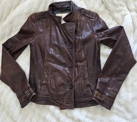 Abercrombie & Fitch Women's Brown Zip&Button Mia Leather Motorcycle Jacket Sz M