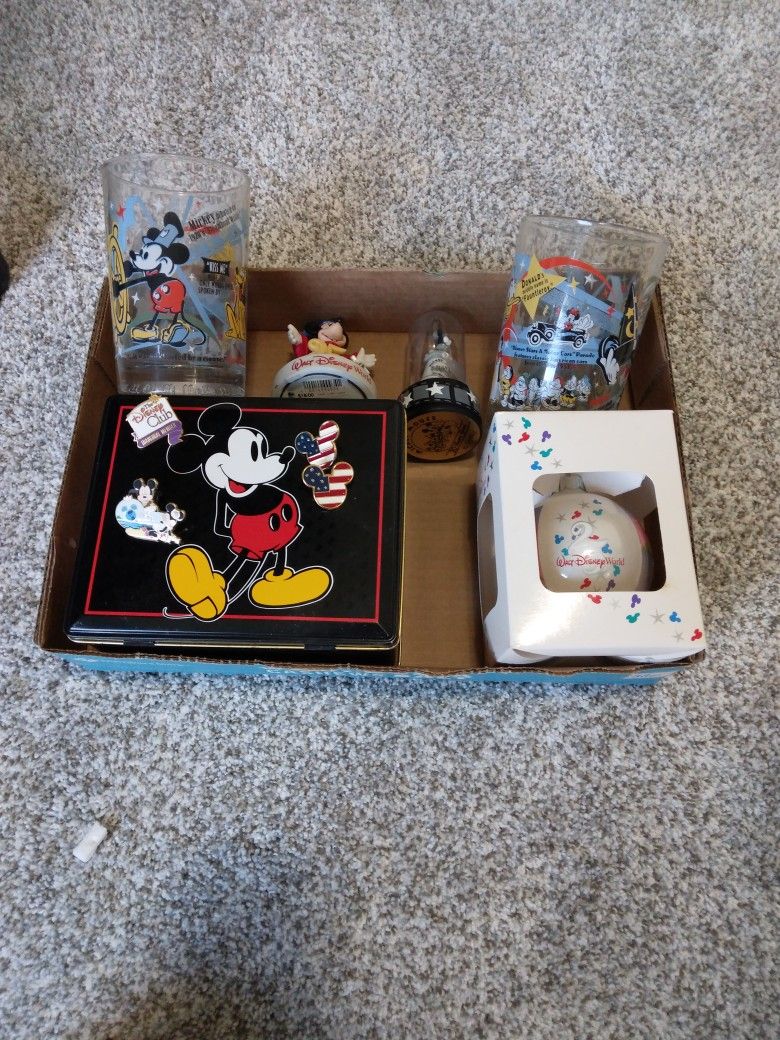 Disney Mickey Mouse Collectibles Anniversary Lot! Figurines Christmas Ornament Anniversary. Vacation Club Pins. Metal Lunch Box And 2 Drinking Glasses