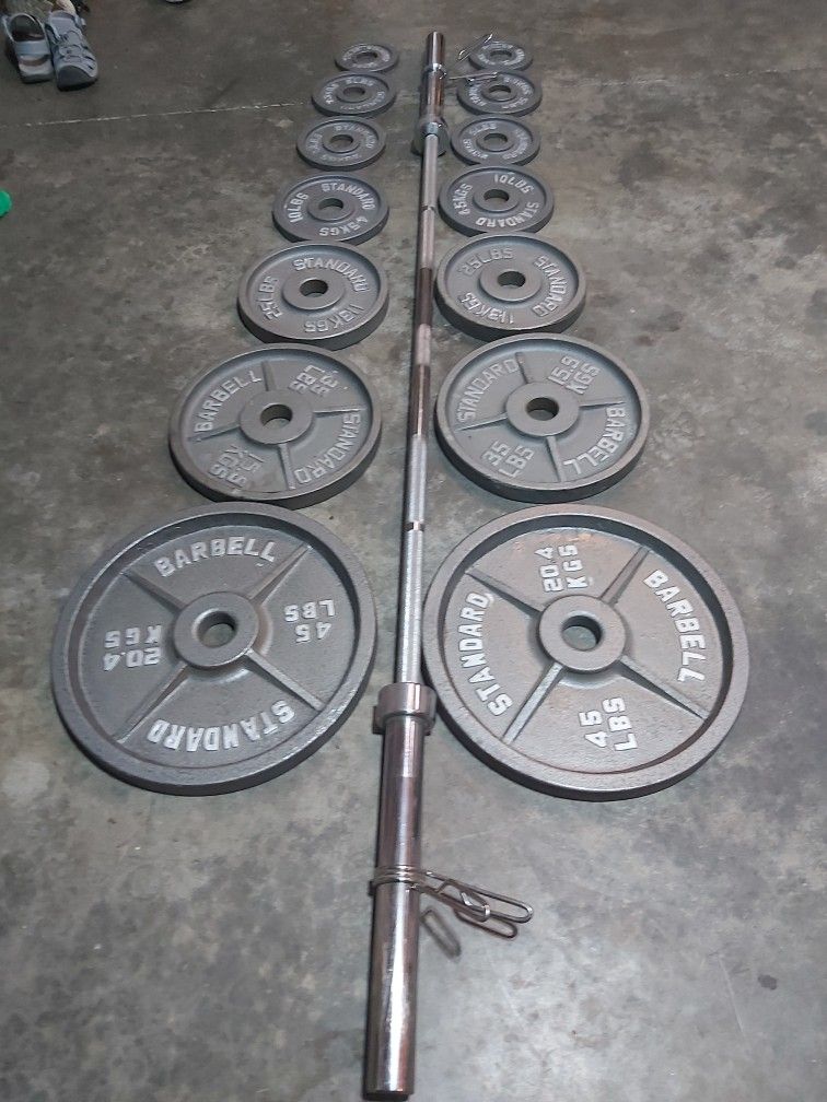 Olympic Size Weights And Barbell 300lb + Clip