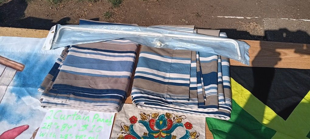 2 Beautiful Striped Curtains And Curtain Rod 