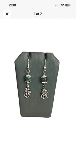 Gothic Octopus Dangle Earrings Silver Witchy Kraken With African Turquoise Bead