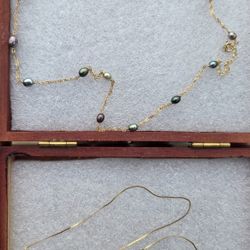 Two Gold Necklaces ~ 18k Yellow Gold w/ 15 Keshi Pearls and a 14k
