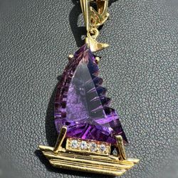 Art-Deco Jewelry 14k Solid Yellow Gold Purple Amethyst Natural 10.24CTW Diamond SailBoat Pendant Charm