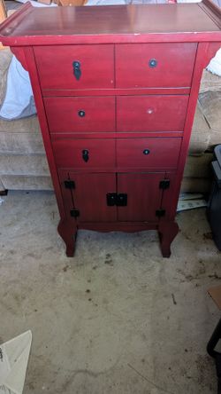 Stunning Vintage Pier 1 Asian Chinoiserie Red Jewelry Armoire – Statement Piece!