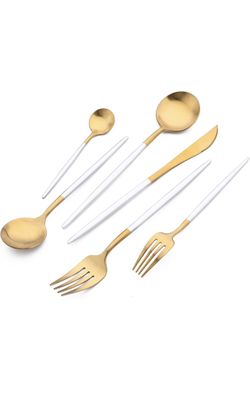 24 Piece Matte Flatware Gold & White