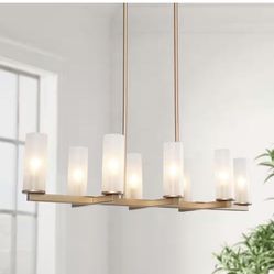 Modern Chandelier Gold Island Candlestick 8-Light Linear Rectangle Cylinder Frosted Glass Shades High Ceiling Light