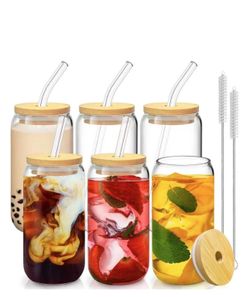 6 Pcs Drinking Glasses with Bamboo Lids and Glass Straw - 16 Oz Can Shaped Glass