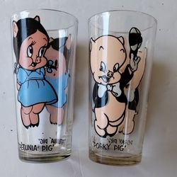 Porky Pig & Petunia Pig Vintage Pepsi Glass Cups 1973