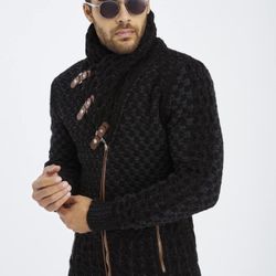 Leif Nelson Men's Knitted Jacket Turtleneck Cardigan LN5340 , Size XL, Black ( more like a large )