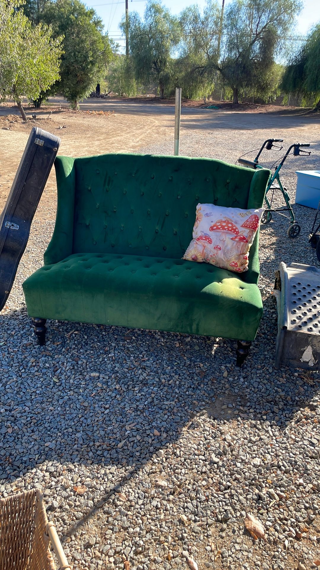 Forest green loveseat, little couch very cute