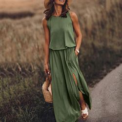 MELDVDIB Women Sleeveless Casual Pure Color Summer Swing Long Dresses Daily Party Beach Round Neck Summer Sundress