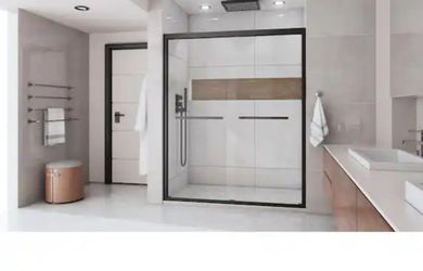 56 in 60in W x 72 in H double sliding framed shower door in matte black with clear tempered glass