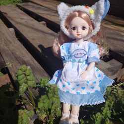 12inch BJD Doll-Exquisite Detail Beautiful Asian Anime-Style Bo-Peep Outfit Blue And White Hearts Bows Sheep Ears with Pink Hair