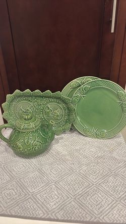 Green Majolica Ceramic Teapot and Plates Set