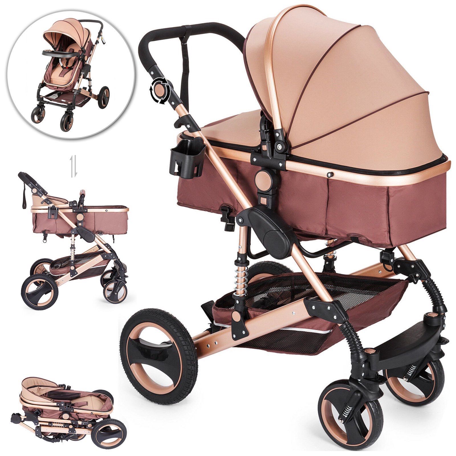 Luxury Baby Stroller 2 in 1 Portable Anti-Shock Springs Foldable Adjustable High View Pram , Khaki