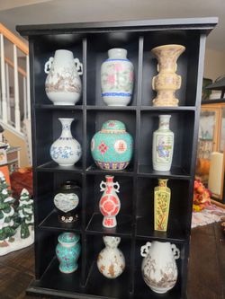 Black Wood Display Shelf with 12 Miniature Chinese Porcelain Vases
