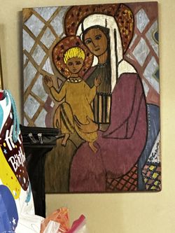 J Cuevas Painting On Wood Medium Mother And Child
