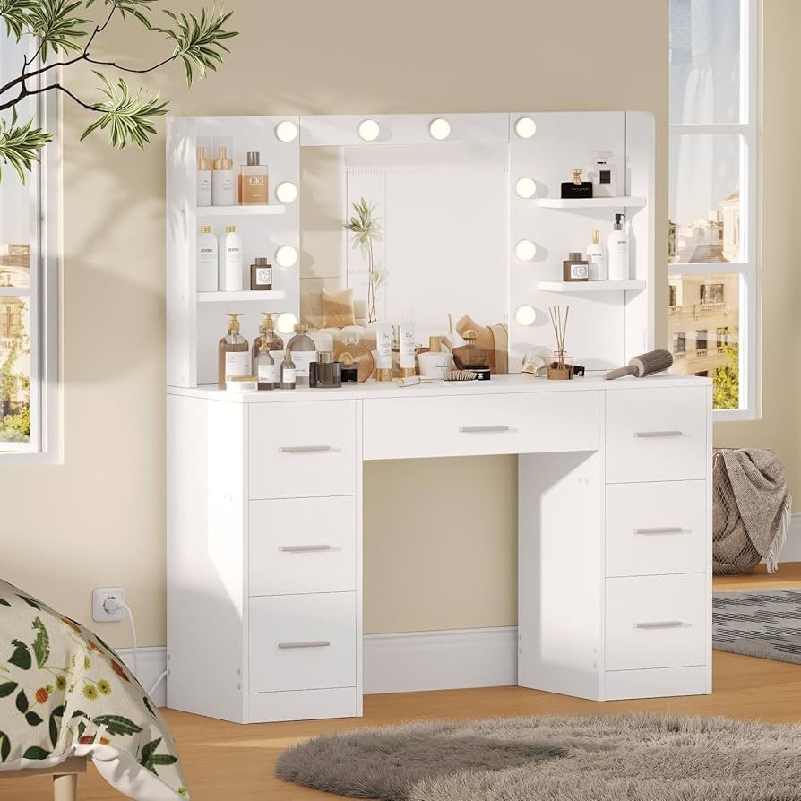 Vanity Desk, 43.3" L Makeup Vanity with 10 LED Lights & 7 Metal Sliding Drawers, Brightness Adjustable, Makeup Desk with Open Shelves, Makeup Table fo