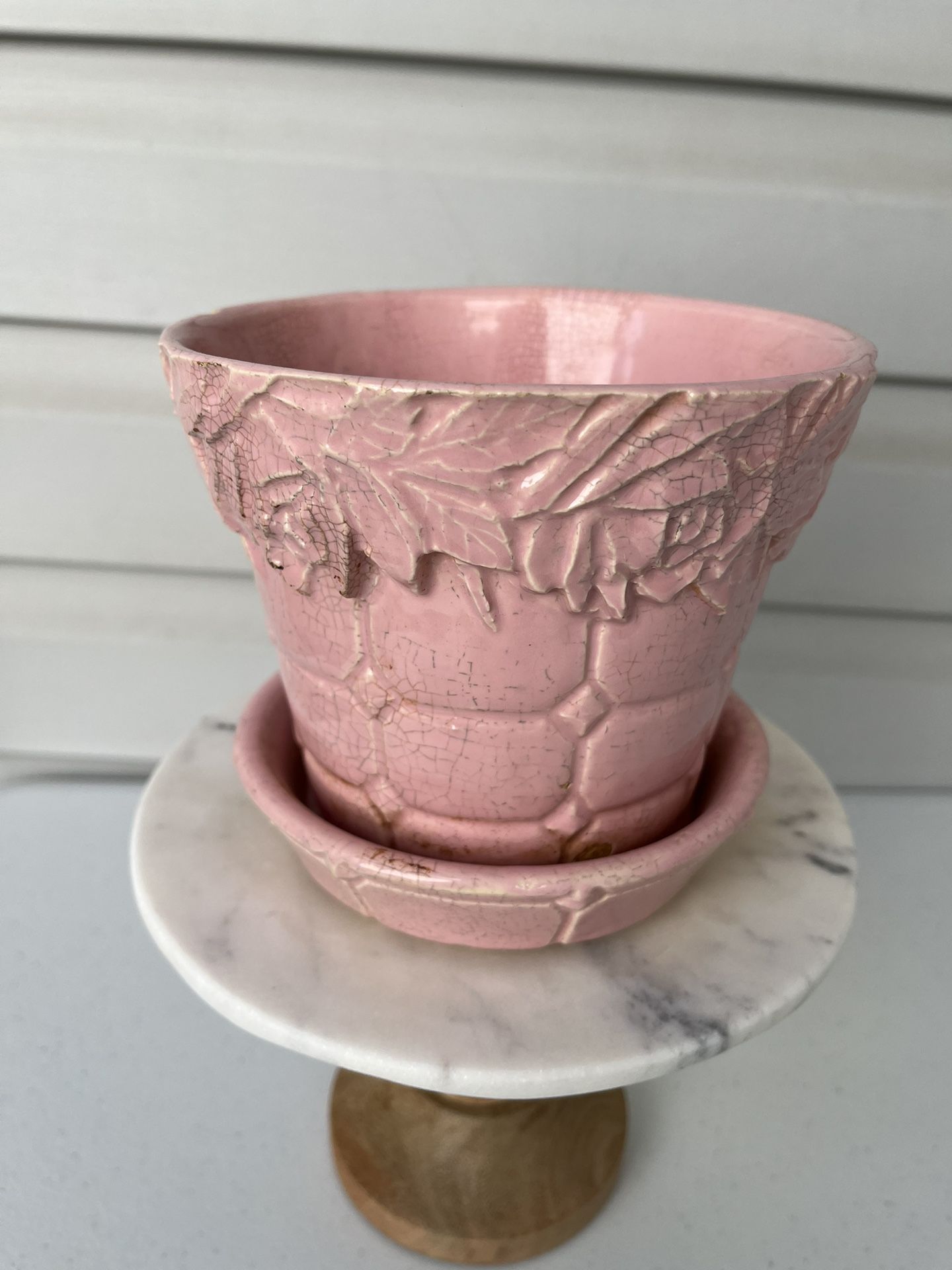 McCoy Pottery 1954 No. 111 Flower/Plant Pot with Attached Saucer Pink 6 inch