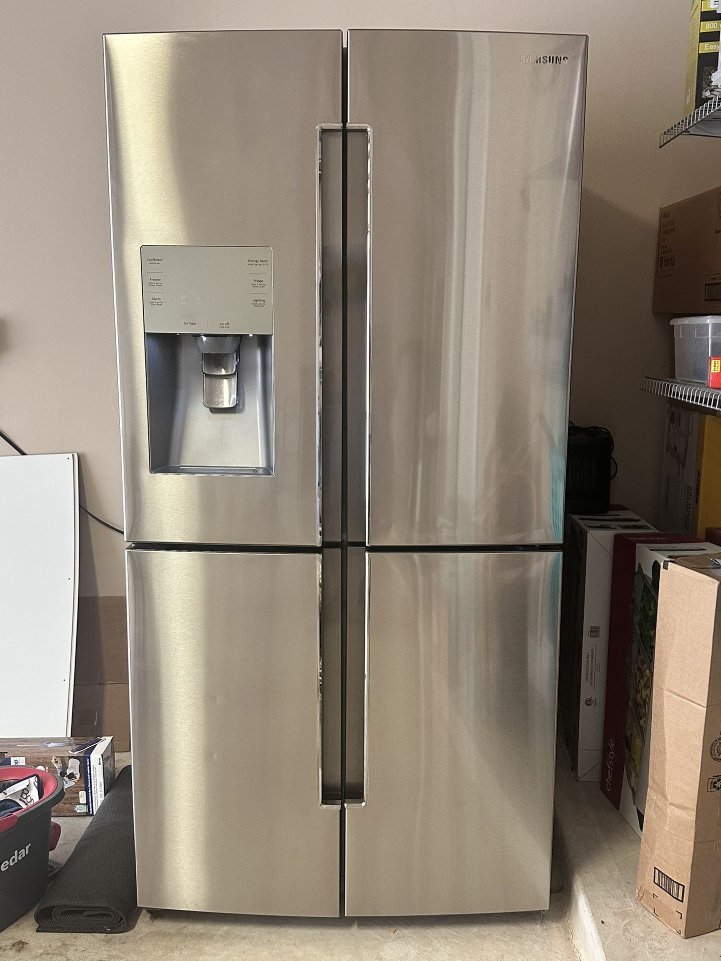 Modern Stainless Steel 4-Door Samsung Refrigerator with Ice and Water Dispenser