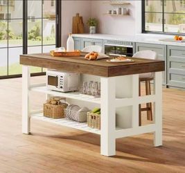 RY0321 new in box Kitchen Island with Seating and Storage Shelves, 55.1-Inch Breakfast Counter Farmhouse Island Table for Kitchen Dining Room