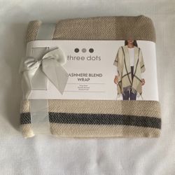 Three Dots Plaid Cashmere Blend Wrap Fringe Soft Tan Black