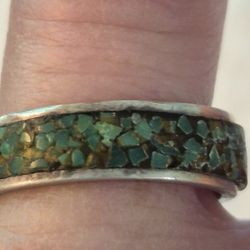  Vtg.Sterling Silver Inlaid Turquoise Band Ring- Sz8