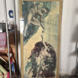 LARGE ART PIECE Creation Of Adam Lacqure Surface Coat Print Paintin Gold Frame Michelangelo Beautiful 