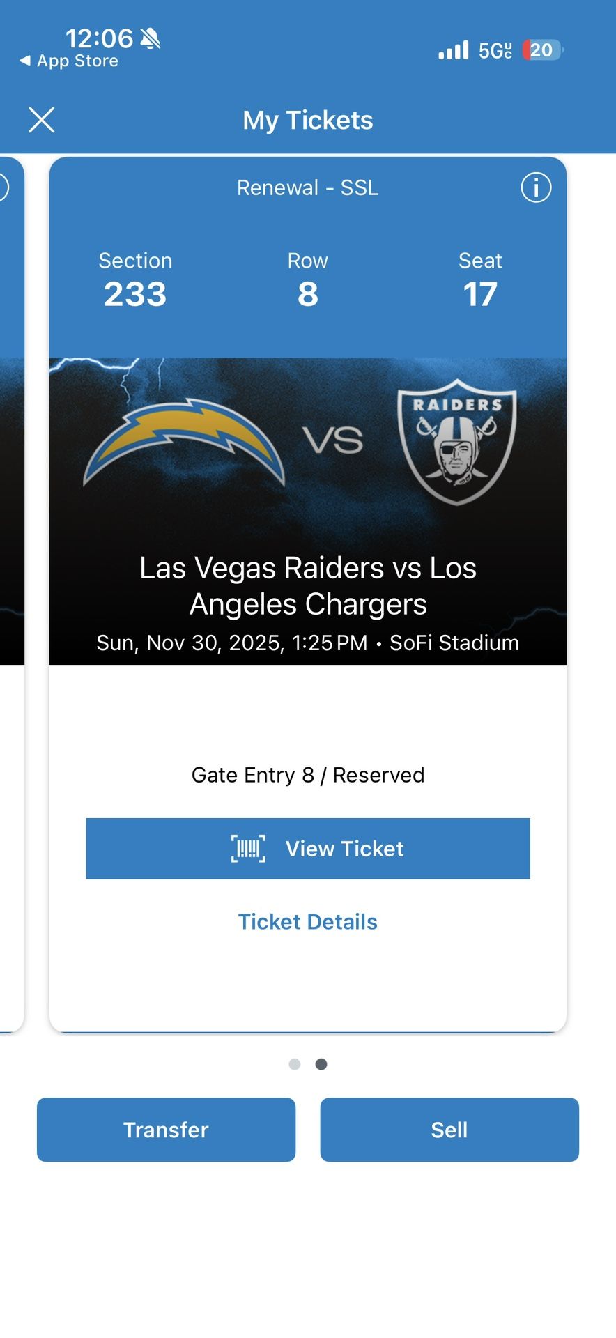 Raiders Vs Chargers Tickets 260/tix