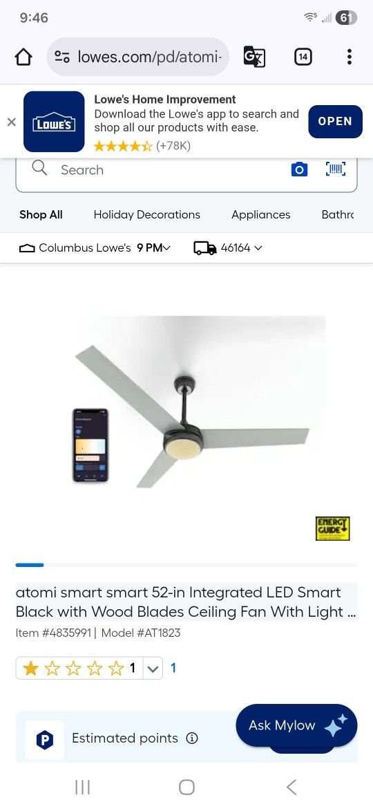 atomi smart smart 52-in Integrated LED Smart Black with Wood Blades Ceiling Fan With Light