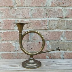 Vintage Heavy Brass Horn Candlestick Holder 