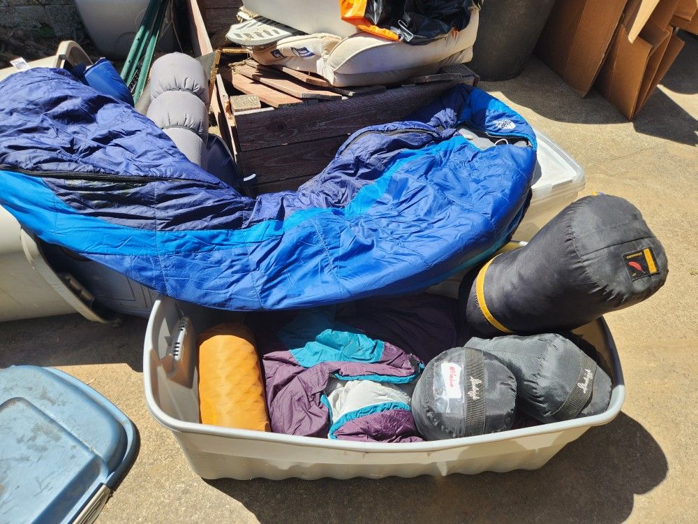 Sleeping Bags For Kids (3) and Adults (2), also Three Small Air Mattresses