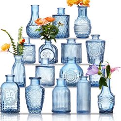 Glass Bud Vases Set of 16 - Blue Assorted Small Mini Glass Vases for Flowers, Crystal Vintage Vase Set, Bulk Centerpieces for Table Décor, Wedding, Ho