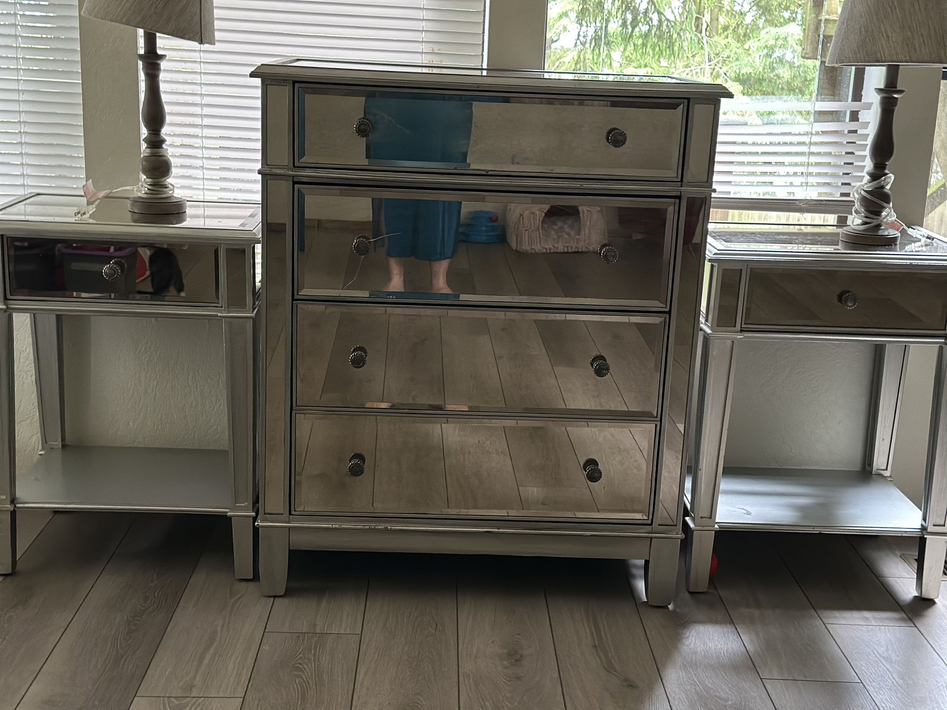 mirror dresser and 2 nightstand set