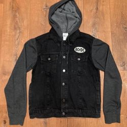 ACDC Back In Black 1980 Tour Mens Small Jean Hooded Denim Jacket Button UP