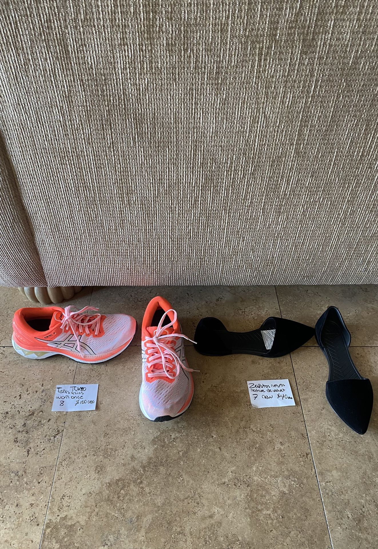 Tenis TOKIO asics worn once size 8 $70 Flats native de velvet New size 7 $ 30 obo Zapatos De Tela Steve Madden used 7.5 $20 obo