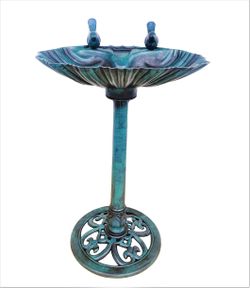 Green Pedestal Bird Bath Decoration w/ Sparrow Statues