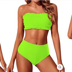 Stylish Smocked Off Shoulder Bikini Bandeau Bikini Set Two Piece Swimsuits